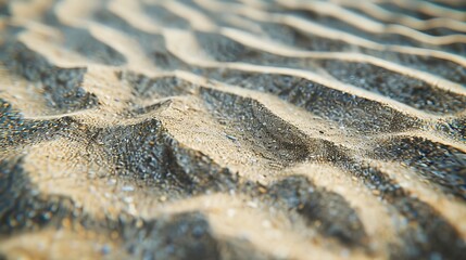 A close-up of a sandy beach, capturing the fine, granular texture and the subtle patterns created by the wind
