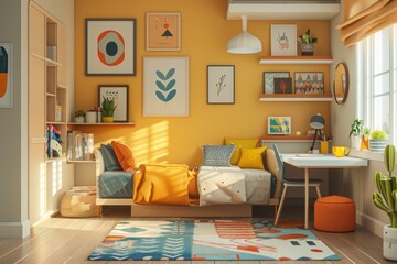 A bedroom with a yellow wall and a white desk