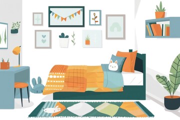 A cartoonish drawing of a bedroom with a bed, desk, and potted plant