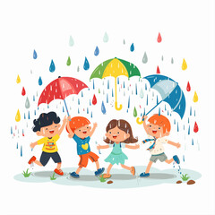 Cute and fun illustration of children playing in the rain style flat vector design isolated white background .