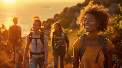 A group of friends hiking through a forest with a stunning sunset over a rocky shoreline in the background. AIG53M