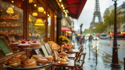 Fototapeta premium A cozy Paris, with outdoor seating, elegant pastries on display, and the Eiffel Tower visible in the distance
