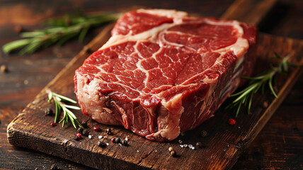 Filete de carne cruda sobre tabla de madera con romero y pimienta

