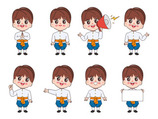 Character of traditional dress Thai boy or young man gesture poses. Cartoon vector hand drawn chibi doodle style. Welcome to Thailand concept.