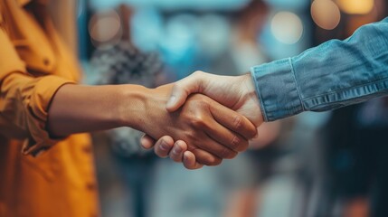 Close-up shaking hands of men and women of different backgrounds shaking hands in agreement, symbolizing equality and partnership.