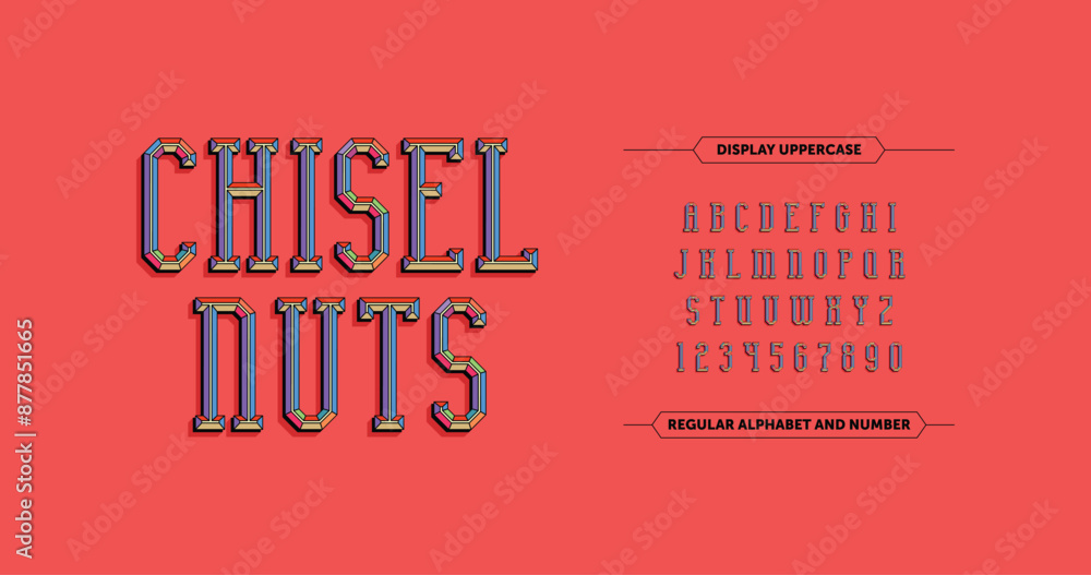 Poster chiseled block letters: colorful vector font. includes letters a-z and numbers 0-9 on pop-art color,