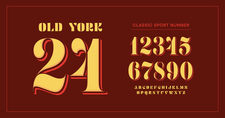 Stylish Typography Design. Includes uppercase numbers and characters. Perfect for custom sports jerseys and team apparel. Red and yellow scheme color vector illustration