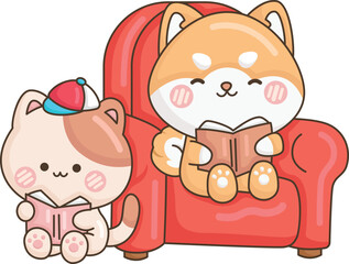 a vector of a dog and a cat reading at the sofa