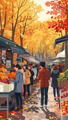 Fototapeta premium A bustling autumn market with vibrant foliage and people shopping for fresh produce. The warm colors and lively atmosphere create a sense of community and abundance.