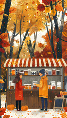 Naklejka premium A couple buys treats from a fall market stall surrounded by colorful autumn leaves.