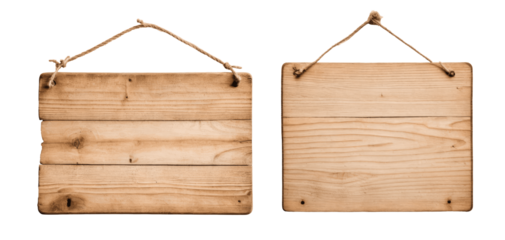 blank wooden sign boards with rope isolated on transparent background 