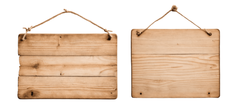 blank wooden sign boards with rope isolated on transparent background 