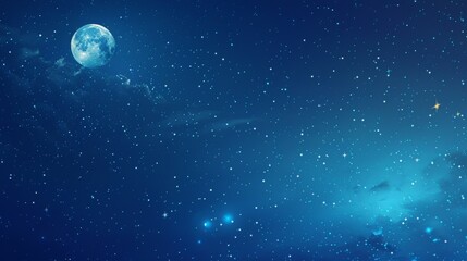 Fototapeta premium A deep blue background with a soft, glowing moon in the top corner, surrounded by tiny stars