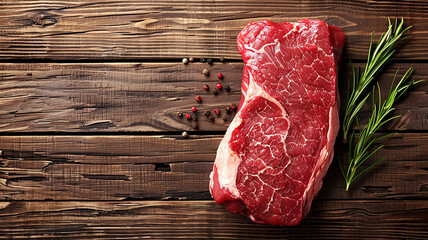 Filete de carne cruda con romero y granos de pimienta sobre mesa rústica