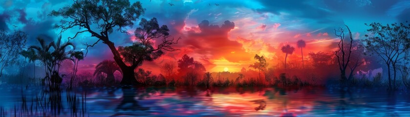Obraz premium Ethereal Sunset in the Wilderness - Surreal Multicolor Digital Art of Vibrant Wildlife Habitat at Dusk