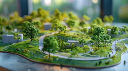 Close-up of a model green park landscape with walking trails and environmental features.