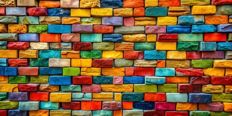 Close-up of a vibrant multicolored brick wall, showcasing a detailed and artistic texture, perfect for backgrounds and design projects.
