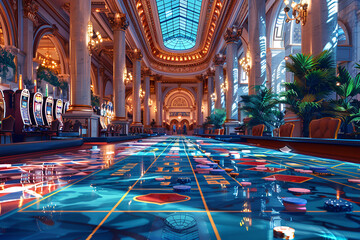 Obraz premium The red carpet in the lobby of the hotel, A game room with a purple and red lights and a table with a game in the middle