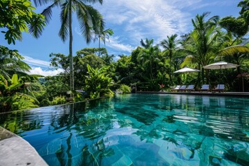 Obraz premium A crystal-clear pool nestled among tropical foliage, inviting you to take a refreshing dip on a hot day, Generative AI 