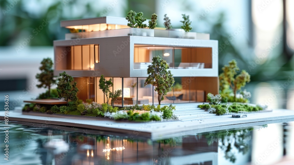 Aufkleber architecture model of a house with a large tree in front of it. the house is white and has a lot of 