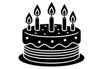 A festive birthday cake with lit candles linocut vector art illustration