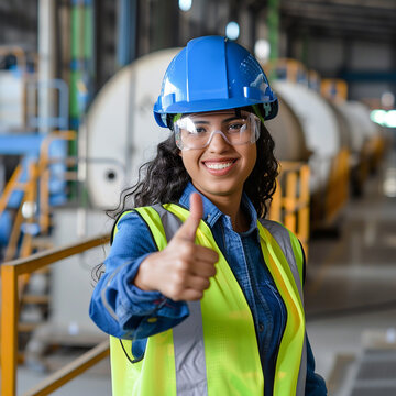 Ingeniera en planta industrial con casco azul y chaleco reflectante

