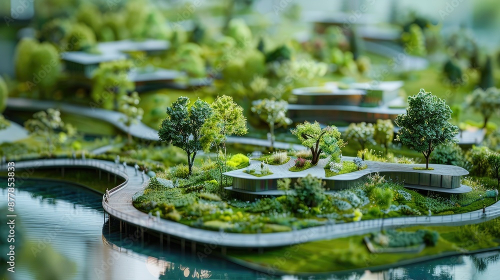 Poster model of a park with a river running through it. the park is full of trees and greenery, and there a