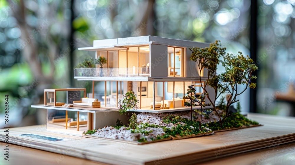Poster model of a house with a large tree in front of it. the house is white and has a balcony
