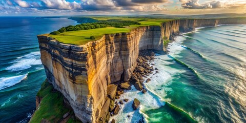 Stunning aerial view of dramatic coastal cliffs with waves crashing against the rocky shore, surrounded by lush greenery and a vibrant ocean.
