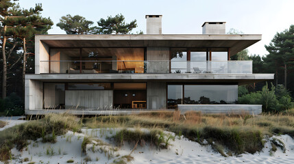 a brutalist house made from concrete placed in the Polish seaside landscape