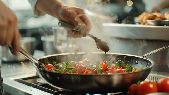 Cocinero salteando vegetales frescos en sart&eacute;n

