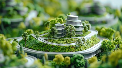 Model of a city with green hills and trees. The buildings are tall and the landscape is lush and green