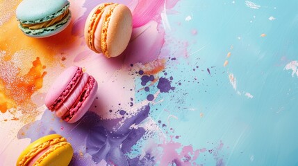 Vibrant macarons on colorful backdrop with room for text