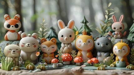Adorable collection of cute woodland animal figurines arranged in a whimsical forest setting, perfect for children or playful decor.