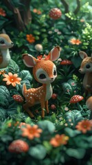 Fototapeta premium Adorable fawns in a vibrant, lush forest with colorful flowers and mushrooms, creating a whimsical and enchanting nature scene.