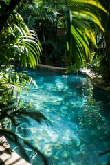 A crystal-clear pool nestled among tropical foliage, inviting you to take a refreshing dip on a hot day, Generative AI