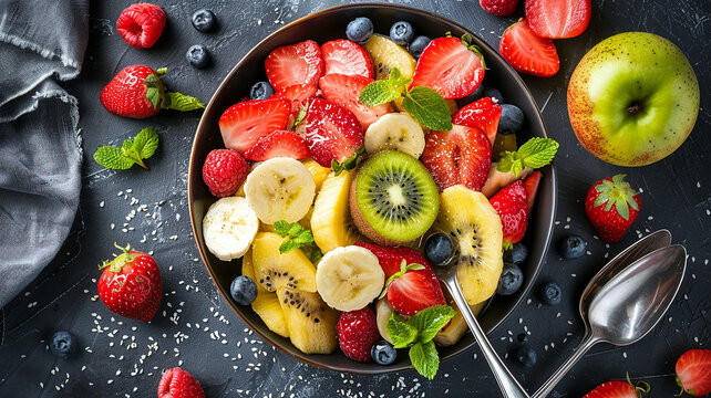 Ensalada de frutas frescas con kiwi, fresas y pl&aacute;tano