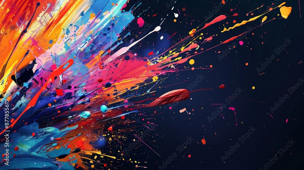 Poster a dynamic abstract background with splatters and streaks of paint in various colors, evoking a sense