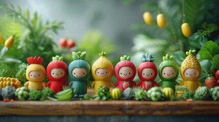 Fototapeta premium Cute toy figures dressed as various colorful fruits standing in a lush garden setting, surrounded by various plants and vegetables.
