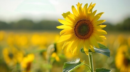 Fototapeta premium A close-up of a vibrant sunflower in full bloom, set against a blurred background of a sunflower field under a clear sky, capturing the beauty of summer nature.