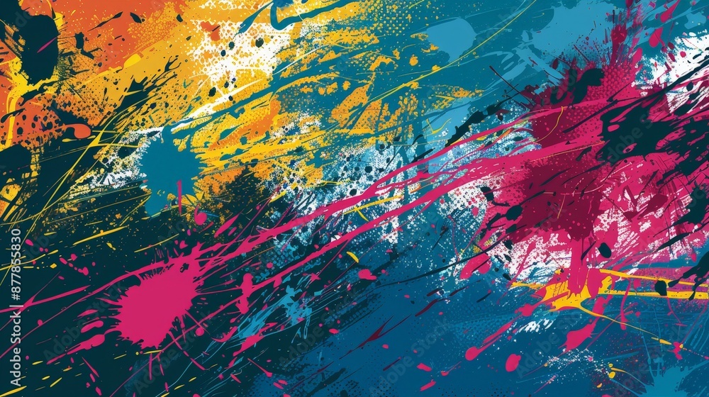 Poster a dynamic abstract background with splatters and streaks of paint in various colors, evoking a sense