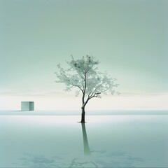 A single tree stands in still water, its reflection clear and undisturbed. A minimalist, greenish hue envelops the scene, with a distant cube structure adding balance.