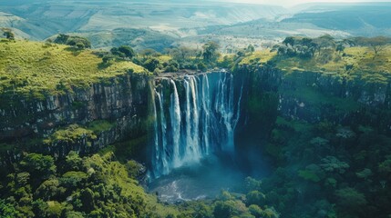 Fototapeta premium A dynamic aerial view of a massive waterfall plunging into a deep gorge, surrounded by lush green vegetation