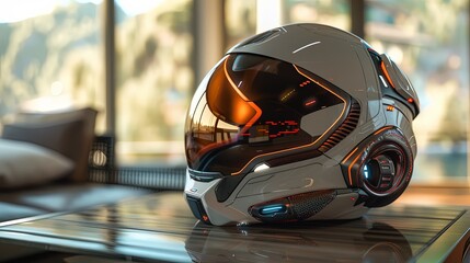 Fototapeta premium Futuristic Helmet in a Modern Interior