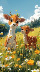 Cute animated deer and fawn in a vibrant meadow full of flowers under a sunny sky. Perfect for nature and wildlife themes.