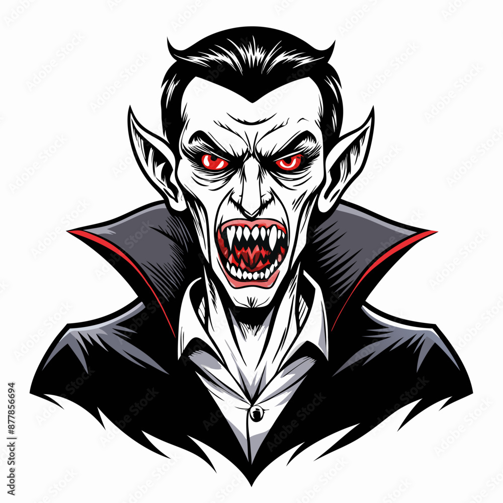 Poster vector illustration of angry vampire with red eyes and sharp fangs on white background