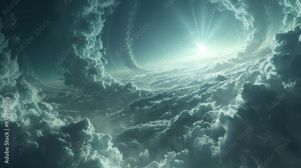Poster a surreal and captivating sci-fi landscape with dramatic clouds and an ethereal light piercing throu
