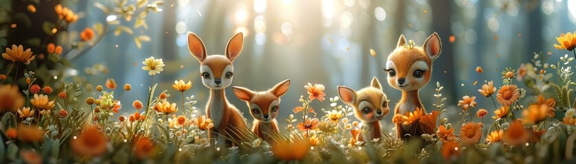 Whimsical forest scene with cute animated deer in a meadow of colorful flowers, sunlight filtering through the trees.