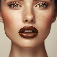 Fototapeta premium Close-up of a beautiful western woman Brown tone makeup Dark brown matte lipstick.