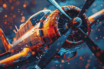 Digital illustration of a futuristic airplane with vibrant colors and detailed design, showcasing an abstract and artistic style.